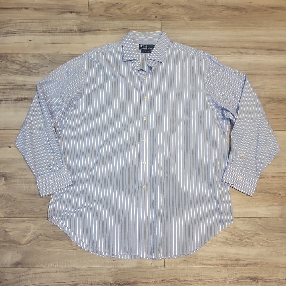 Ralph Lauren Polo Shirt Mens 17.5 Blue White Striped Regent Classic Fit Long VGT